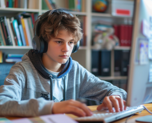 A teenager using a computer to complete a school project, typing and researching online