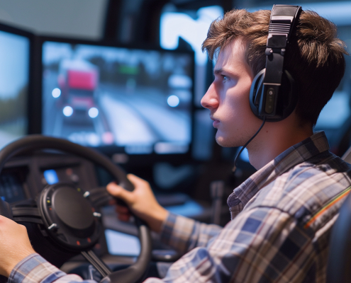 Trucking simulator inside a truck school. Young man learning and practicing on how to drive big rigs.